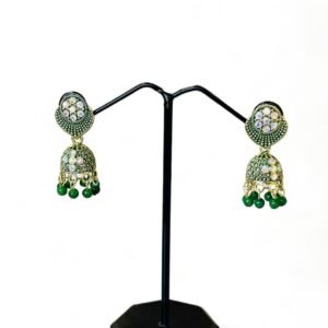 Green Golden Plated Rhinestone Dangler Beads Alloy Jhumki Earring, Drops & Danglers